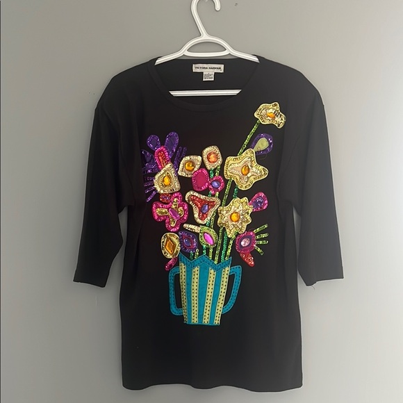 Victoria Harbour Tops - Black Floral Embellished Top